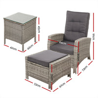 Gardeon Outdoor Setting Recliner Chair Table Set Wicker lounge Patio Furniture Grey Home & Garden > Garden Furniture Kings Warehouse 