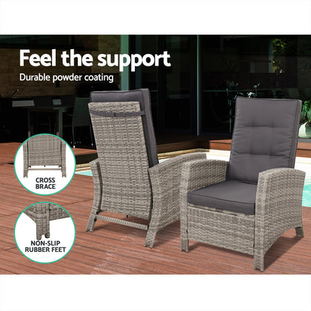 Gardeon Outdoor Setting Recliner Chair Table Set Wicker lounge Patio Furniture Grey Home & Garden > Garden Furniture Kings Warehouse 