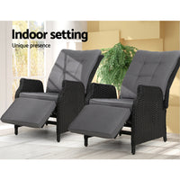 Gardeon Set of 2 Recliner Chairs Sun lounge Outdoor Furniture Setting Patio Wicker Sofa Black Outdoor Kings Warehouse 