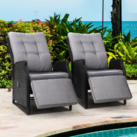 Gardeon Set of 2 Recliner Chairs Sun lounge Outdoor Furniture Setting Patio Wicker Sofa Black Outdoor Kings Warehouse 