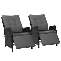 Gardeon Set of 2 Recliner Chairs Sun lounge Outdoor Furniture Setting Patio Wicker Sofa Black Outdoor Kings Warehouse 