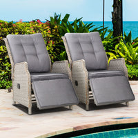 Gardeon Set of 2 Recliner Chairs Sun lounge Outdoor Furniture Setting Patio Wicker Sofa Grey Outdoor Kings Warehouse 