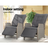 Gardeon Set of 2 Recliner Chairs Sun lounge Outdoor Furniture Setting Patio Wicker Sofa Grey Outdoor Kings Warehouse 