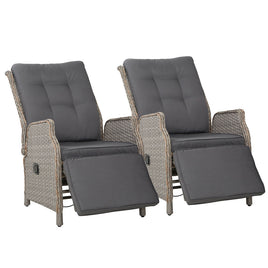 Gardeon Set of 2 Recliner Chairs Sun lounge Outdoor Furniture Setting Patio Wicker Sofa Grey Outdoor Kings Warehouse 