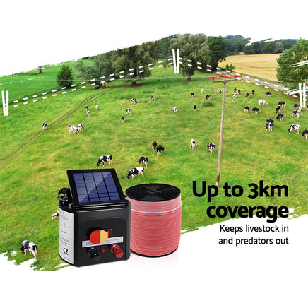 Giantz Electric Fence Energiser 3km Solar Powered Charger Set + 2000m Tape Farm Supplies Kings Warehouse 