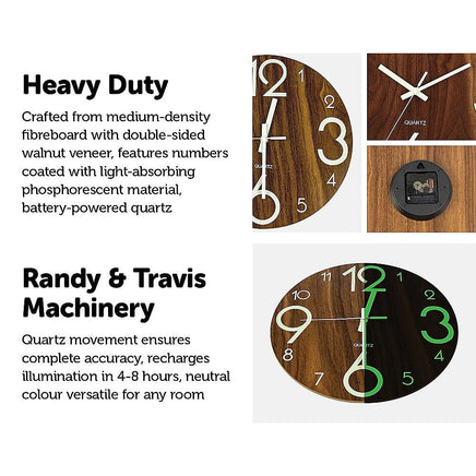 Glow In Dark Wall Clock Luminous Quartz Wooden Non Ticking Home Decor 12''/30cm Kings Warehouse 