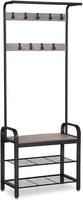 Greige and Black Steel Freestanding Coat Rack Stand with Removable Hooks, Bench and Shoe Rack, Height 183 cm