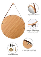 Hanging Round Wall Mirror 38 cm - Solid Bamboo Frame and Adjustable Leather Strap for Bathroom and Bedroom Kings Warehouse 