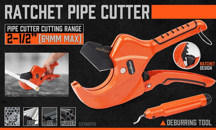 HORUSDY PVC Ratchet Cutter 64mm 2 - 1/2" Deburring Tool Rubber Handle Hand Tool Kings Warehouse 