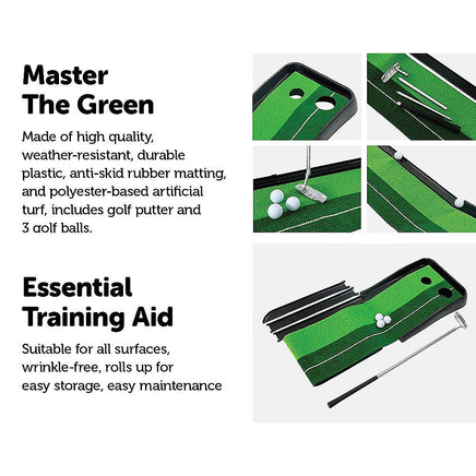 Indoor Practice Putting Green 2.5m Mat Inclined Ball Return Fake Grass 2 Holes KingsWarehouse 