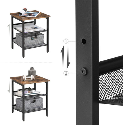 Industrial Set of 2 Bedside Tables with Adjustable Mesh Shelves Rustic Brown and Black bedroom furniture Kings Warehouse 
