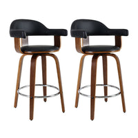 Kings Set of 2 Bar Stools PU Leather Wooden Swivel - Wood, Chrome and Black