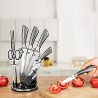 Kitchen Knife Block Set 8 Stainless Steel Knives with Wooden Color Handle (Silver color) Appliances Supplies Kings Warehouse 