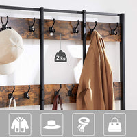 Large Coat Rack Stand with 12 Hooks and Shoe Bench Rustic Brown and Black Storage Supplies Kings Warehouse 
