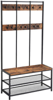 Large Coat Rack Stand with 12 Hooks and Shoe Bench Rustic Brown and Black Storage Supplies Kings Warehouse 