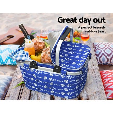Large Folding Picnic Bag Basket Hamper Camping Hiking Insulated Lunch Cooler Kings Warehouse 