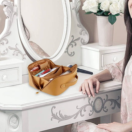 Large Travel Cosmetic Bag Portable Make up Makeup Bag Waterproof PU Leather Storage Brown Kings Warehouse 