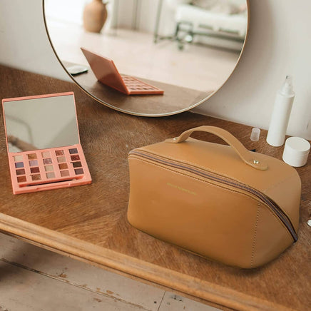 Large Travel Cosmetic Bag Portable Make up Makeup Bag Waterproof PU Leather Storage Brown Kings Warehouse 