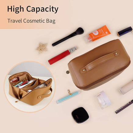 Large Travel Cosmetic Bag Portable Make up Makeup Bag Waterproof PU Leather Storage Brown Kings Warehouse 
