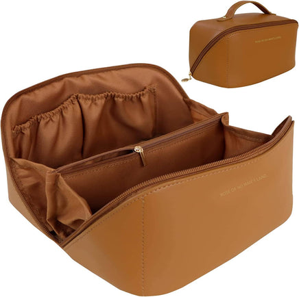 Large Travel Cosmetic Bag Portable Make up Makeup Bag Waterproof PU Leather Storage Brown Kings Warehouse 