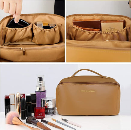 Large Travel Cosmetic Bag Portable Make up Makeup Bag Waterproof PU Leather Storage Brown Kings Warehouse 