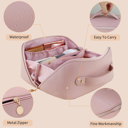 Large Travel Cosmetic Bag Portable Make up Makeup Bag Waterproof PU Leather Storage Pink Kings Warehouse 