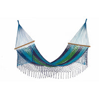 Mayan Legacy Queen Size Outdoor Cotton Mexican Resort Hammock With Fringe in Oceanica Colour
