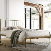 Metal Bed Frame Base Platform in Gold Queen Mid Century Timber Slat bedroom furniture Kings Warehouse 