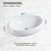 Muriel 40 x 30 x 13cm White Ceramic Bathroom Basin Vanity Sink Oval Above Counter Top Mount Bowl Kings Warehouse 