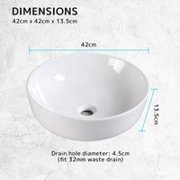 Muriel 42 x 42 x 13.5cm White Ceramic Bathroom Basin Vanity Sink Round Above Counter Top Mount Bowl Kings Warehouse 