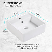 Muriel 42 x 42 x 15cm White Ceramic Bathroom Basin Vanity Sink Square Above Counter Top Mount Bowl Kings Warehouse 