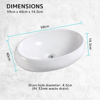 Muriel 59 x 40 x 14.5cm White Ceramic Bathroom Basin Vanity Sink Oval Above Counter Top Mount Bowl Kings Warehouse 