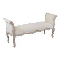 Oak Wood Linen Fabric Beige White Washed Finish Bench Chair