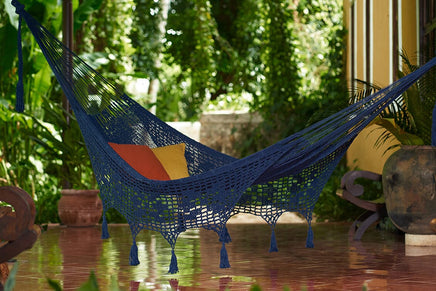 Outdoor undercover cotton Mayan Legacy hammock with hand crocheted tassels King Size Blue Kings Warehouse 