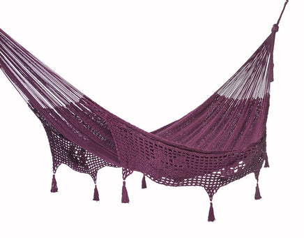 Outdoor undercover cotton Mayan Legacy hammock with hand crocheted tassels King Size Maroon Kings Warehouse 