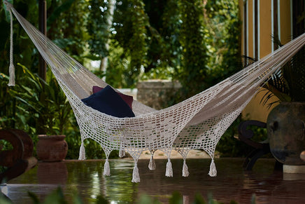 Outdoor undercover cotton Mayan Legacy hammock with hand crocheted tassels Queen Size Marble Colour Kings Warehouse 