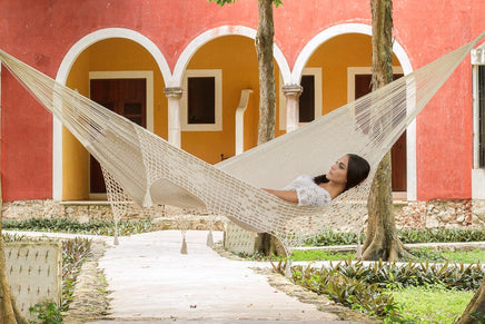 Outdoor undercover cotton Mayan Legacy hammock with hand crocheted tassels Queen Size Marble Colour Kings Warehouse 