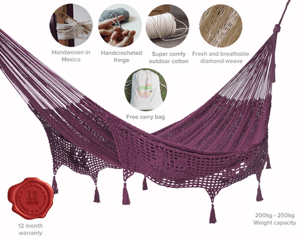 Outdoor undercover cotton Mayan Legacy hammock with hand crocheted tassels Queen Size Maroon Kings Warehouse 