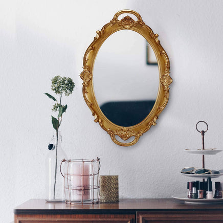 Oval Antique Gold 25 x 38 cm Vintage Carved Hanging Wall Mirror for Bedroom and Living-Room Kings Warehouse 