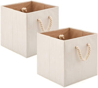 Pack of 2 Foldable Bamboo Fabric Storage Bin with Cotton Rope Handle and Collapsible Resistant Basket Box Organizer for Shelves - Beige (33 x 33 x 33 cm) Kings Warehouse 
