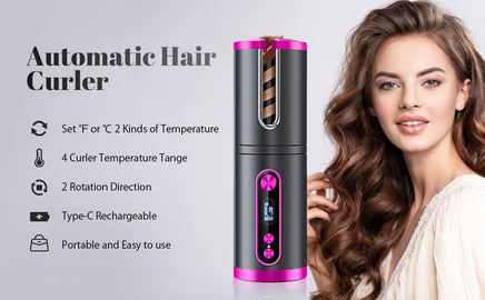 Portable Wireless Automatic Hair Curler for Travel with LED Temperature Display, Timer and USB Rechargeable (Pink) Kings Warehouse 
