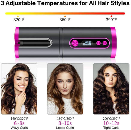 Portable Wireless Automatic Hair Curler for Travel with LED Temperature Display, Timer and USB Rechargeable (Pink) Kings Warehouse 