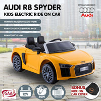 R8 Spyder Audi Licensed Kids Electric Ride On Car Remote Control - Yellow Kings Warehouse 