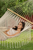 Mayan Legacy King Size Outdoor Cotton Mexican Resort Hammock With Fringe in Cream Colour