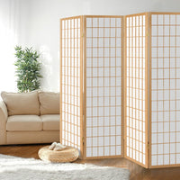 Room Divider Screen Wood Timber Dividers Fold Stand Wide Beige 4 Panel KingsWarehouse 