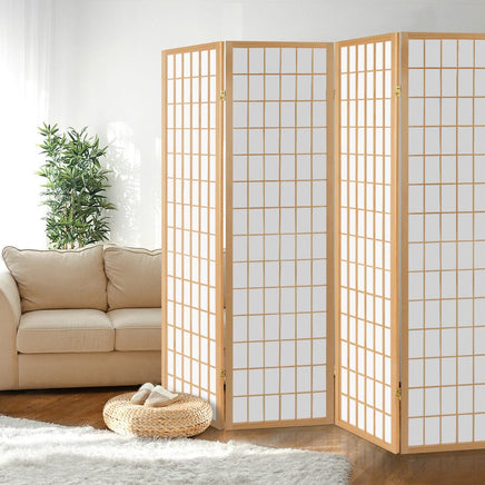 Room Divider Screen Wood Timber Dividers Fold Stand Wide Beige 4 Panel KingsWarehouse 