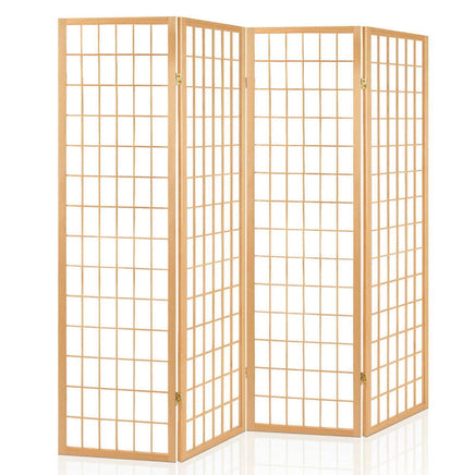 Room Divider Screen Wood Timber Dividers Fold Stand Wide Beige 4 Panel KingsWarehouse 