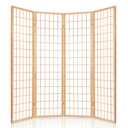 Room Divider Screen Wood Timber Dividers Fold Stand Wide Beige 4 Panel KingsWarehouse 
