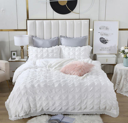 Ruffles Textured Jacquard Super King Size white Duvet Doona Quilt Cover Set KingsWarehouse 