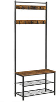 Rustic Brown Coat Rack Stand with Hallway Shoe Rack and Bench with Shelves Matte Metal Frame Height 175 cm Storage Supplies Kings Warehouse 